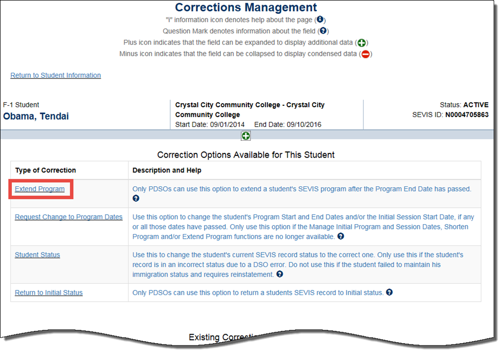 Corrections Management Page