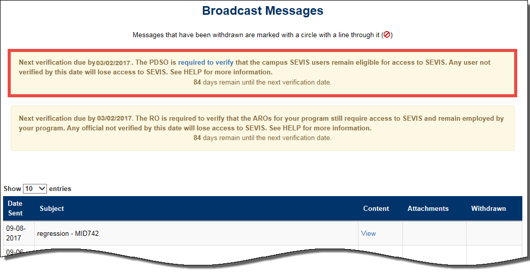 The broadcast message alert