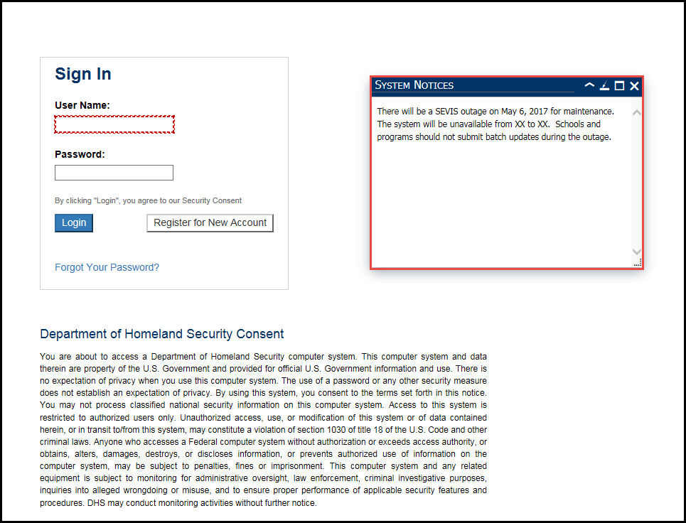 SEVIS Sign In page