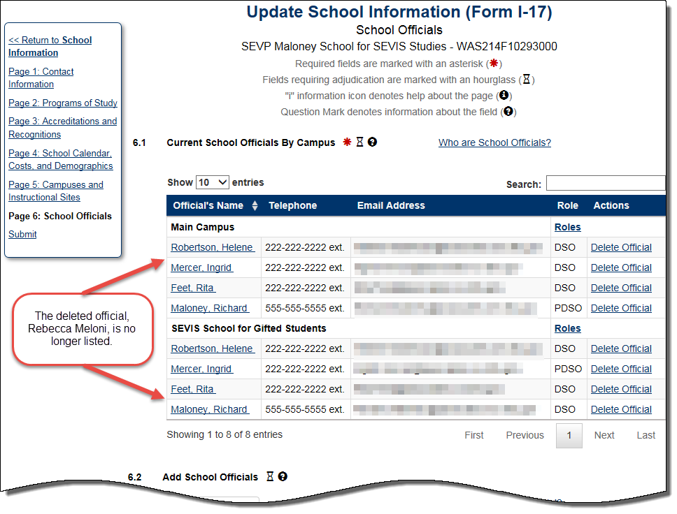 the School Officials page with the official deleted