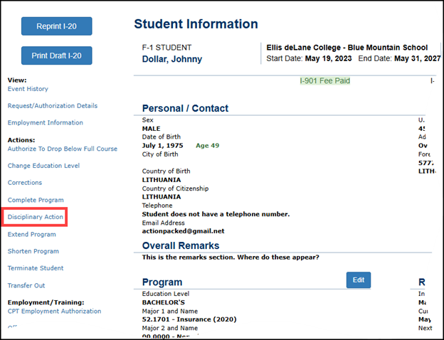 Student Information Screen